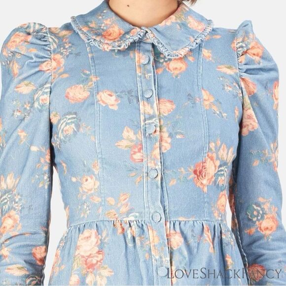 LOVESHACKFANCY **NWT** Beyers Corduroy Mini Dress in Faded Denim Floral - Picture 7 of 16